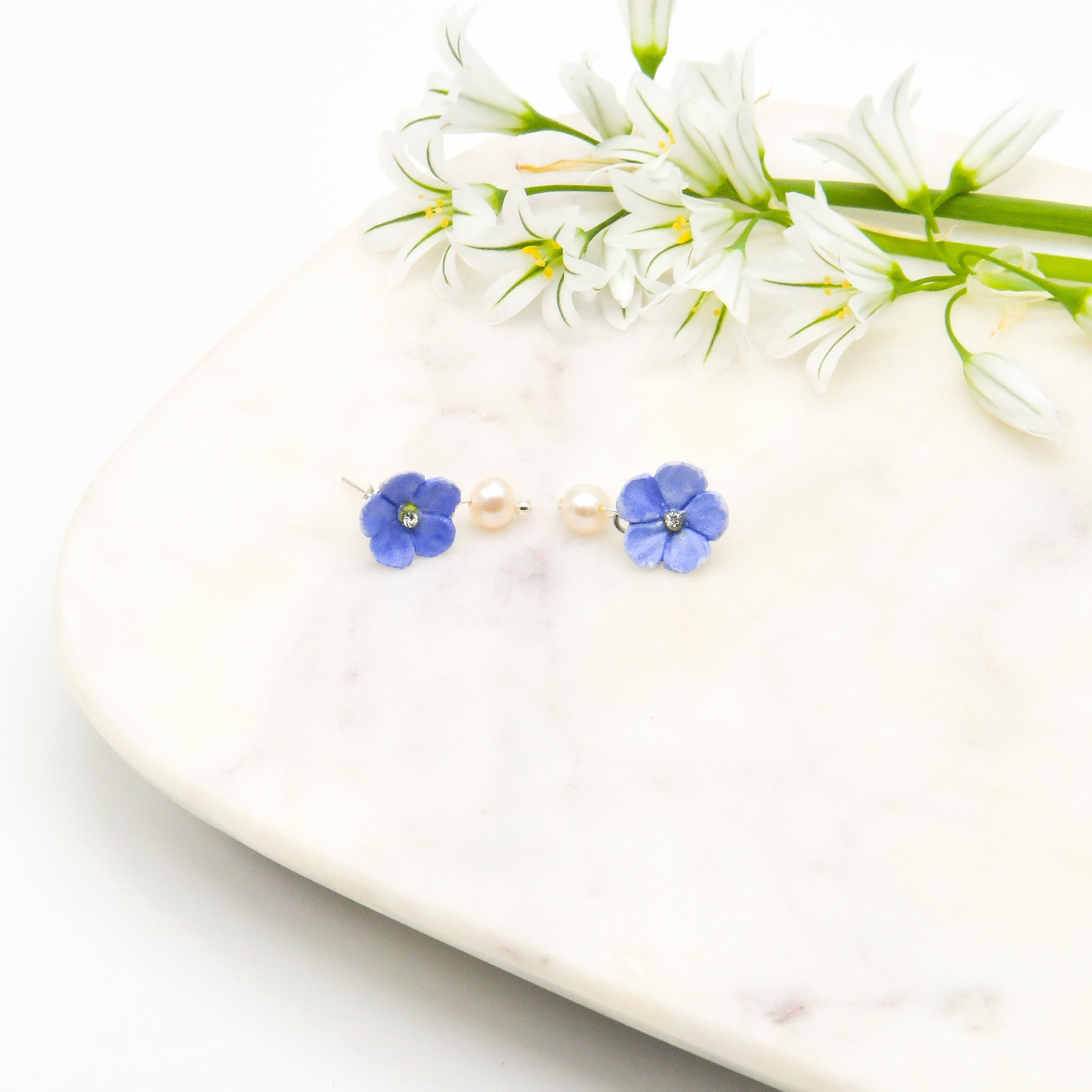 Porcelain Blue Forget Me Not Pearl Drop Earring - Image 5