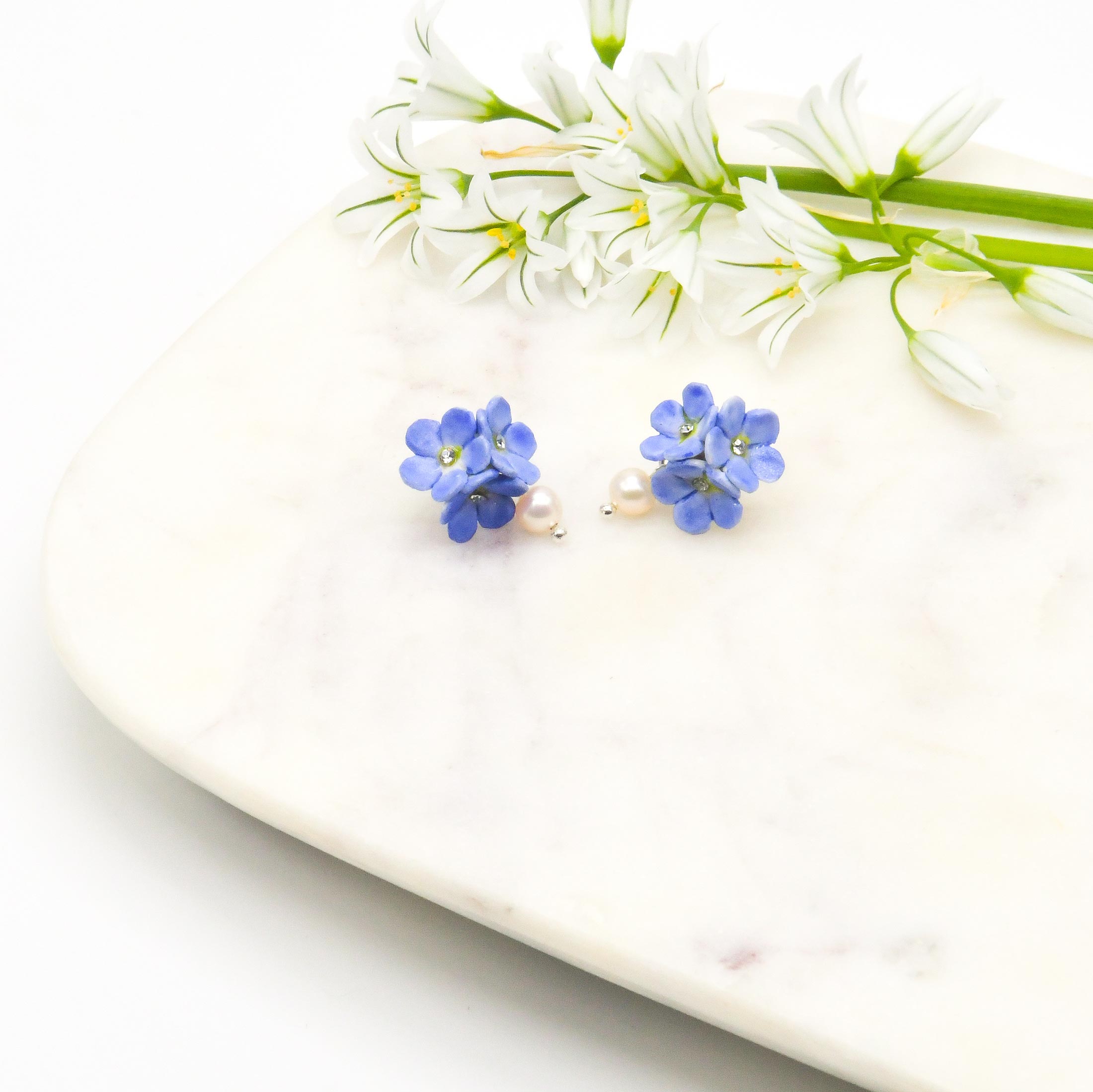 Porcelain Blue Forget Me Not Pearl Drop Earring - Image 6