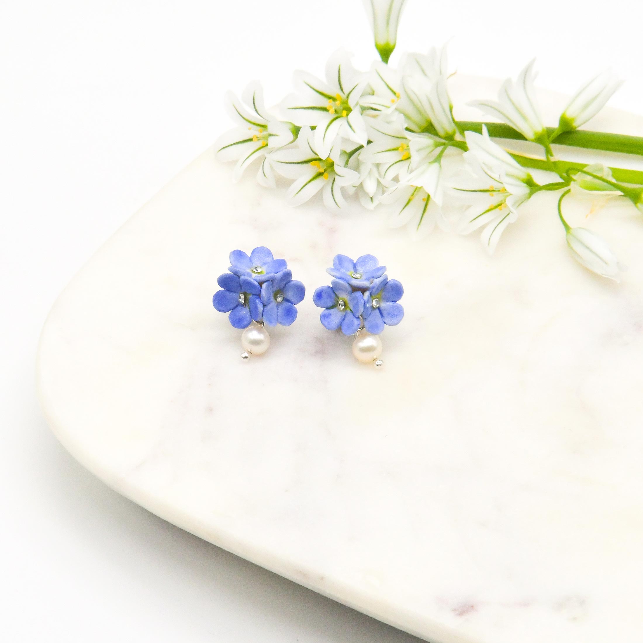 Porcelain Blue Forget Me Not Pearl Drop Earring - Image 4