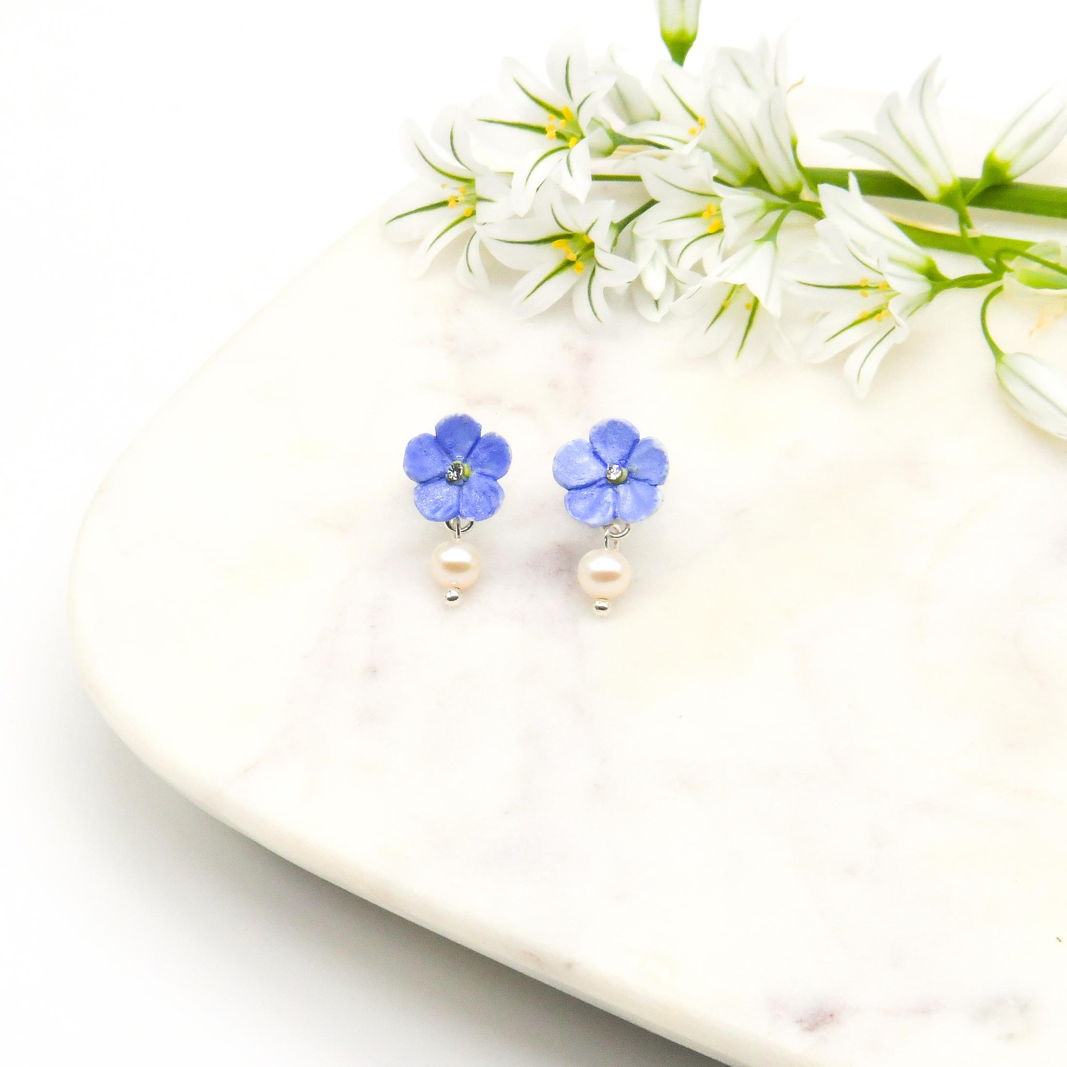 Porcelain Blue Forget Me Not Pearl Drop Earring - Image 3