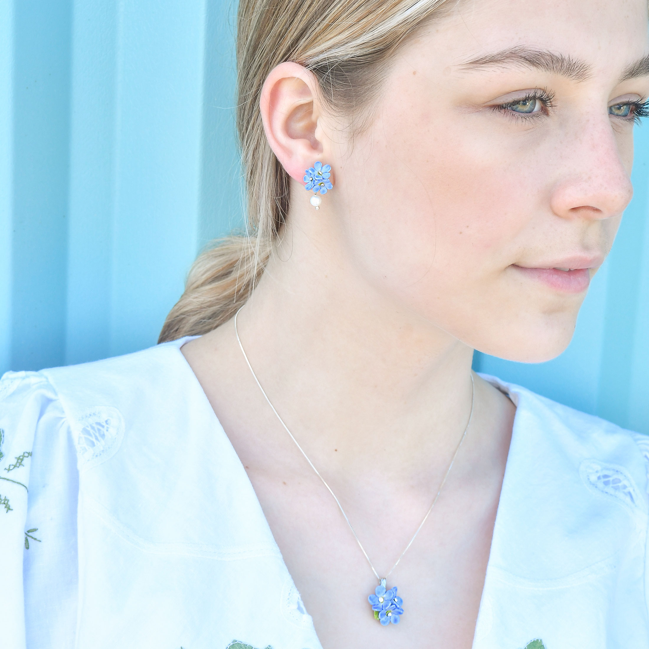 Porcelain Blue Forget Me Not Pearl Drop Earring - Image 2