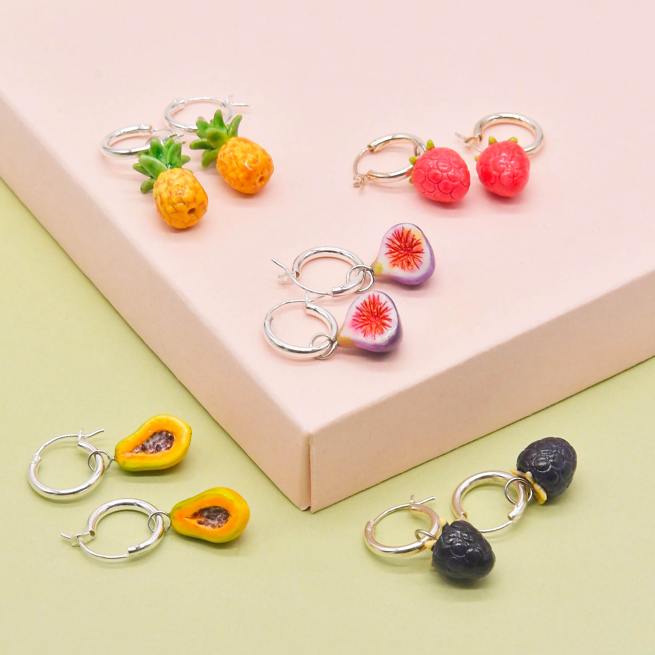 Porcelain Fruit Hoop Earrings in Fig, Papaya, Pineapple, Raspberry and Blackberry